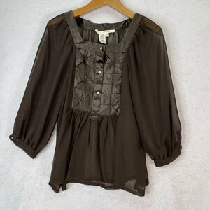 Y2K Brown Sheer Quilted Front Balloon Sleeve Blouse Womens L Dark Academia